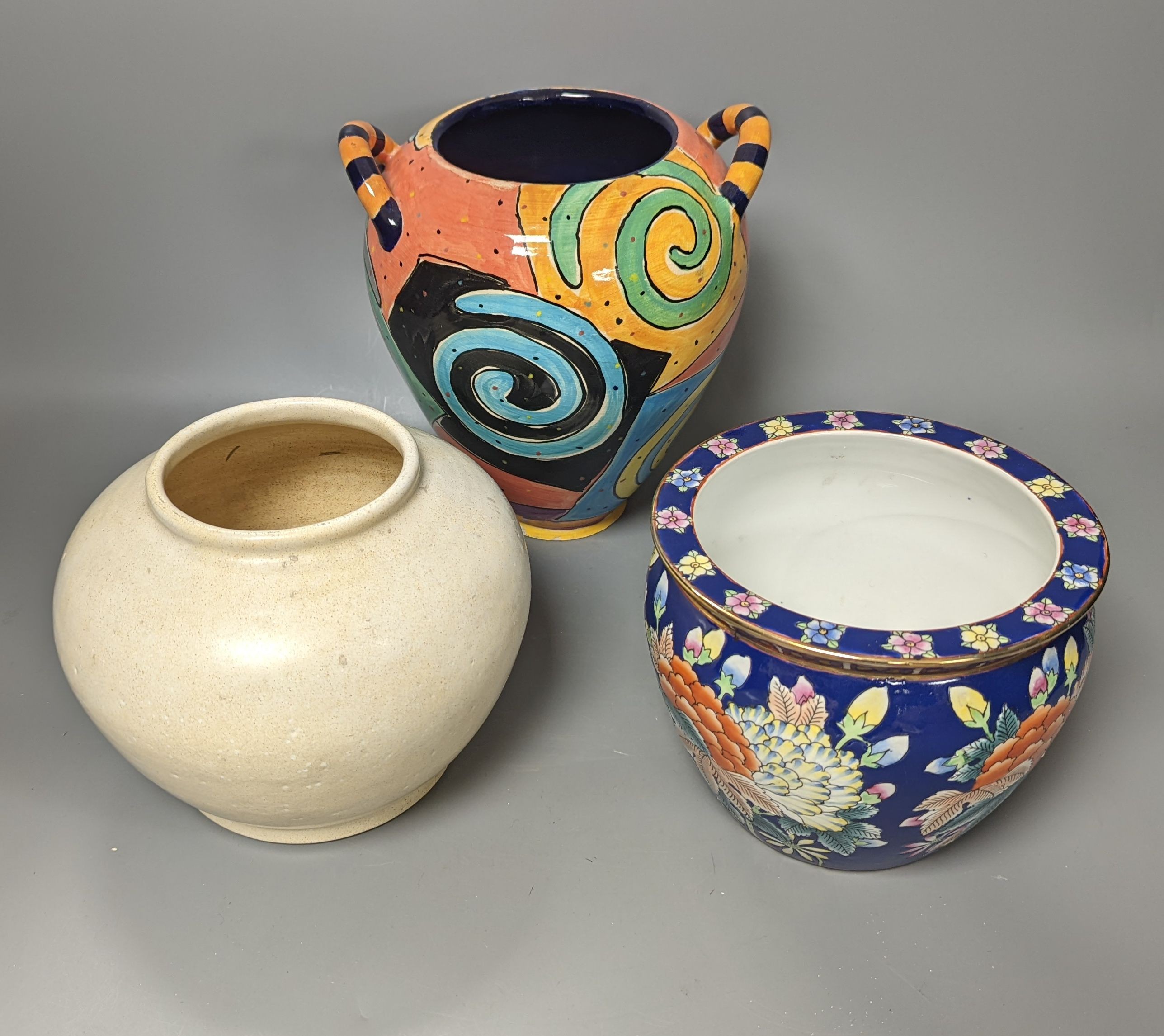 A cream glazed stoneware vase, initialled NKV, 15cm, a Jane Willingale Loudware vase, and a small Chinese Jardiniere